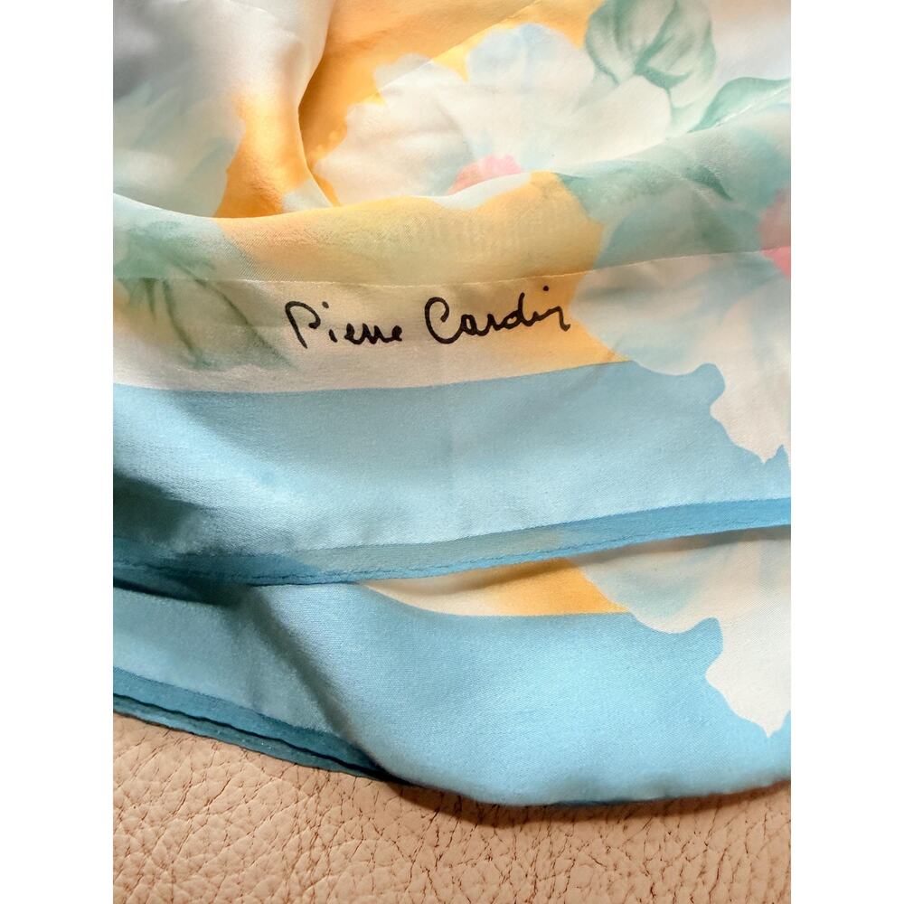 Vintage Pierre Cardin Paris Silk Scarf 34” Watercolor Floral Blue Yellow 1980s - Picture 7 of 10